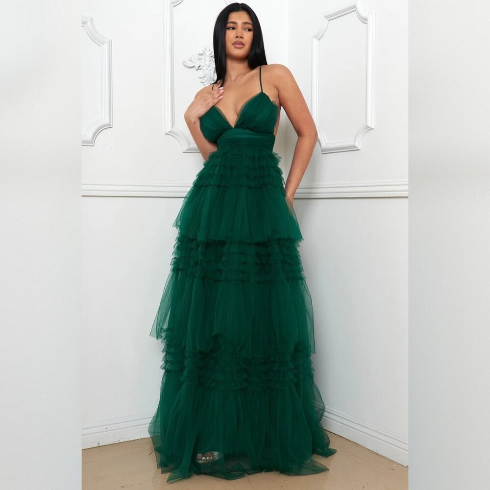 Hunter Green Tulle Maxi Dress